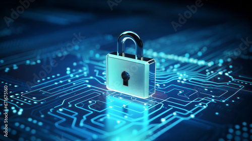 Digital padlock for computing system on dark blue background, cyber security technology for fraud prevention and privacy data network protection concept photo