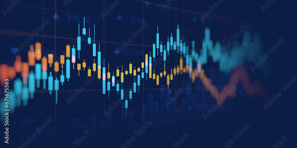 Widescreen Abstract financial graph with uptrend line and bar chart of stock market on blue color background - obrazy, fototapety, plakaty 