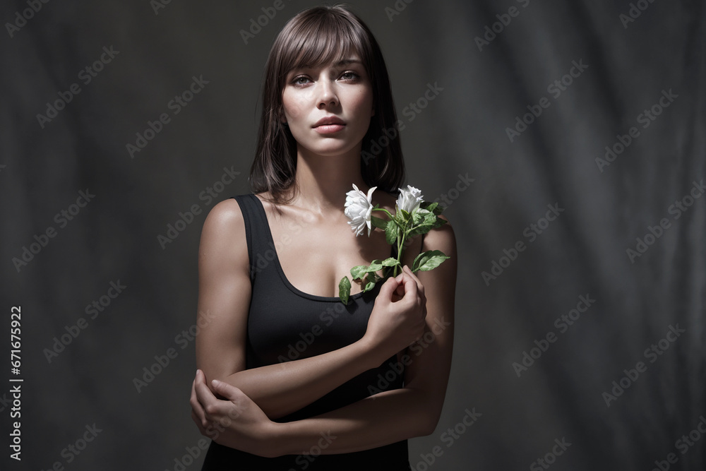 Beautiful sexy brunette woman with flower in a black bodysuit on a dark grunge background Beautiful sexy brunette woman with flower in a black bodysuit on a dark grunge background