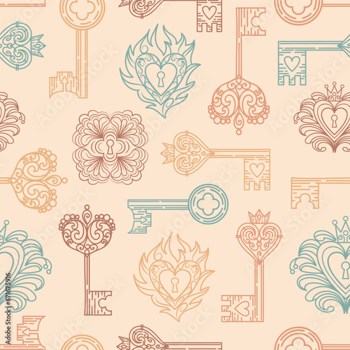 Vintage seamless pattern of keyholes and locks in Gothic style. Filigree, heart with crown, floral motif, leaves and herbs. Magical items, fantasy, boho. Halloween, Valentines Day. witchcraft.