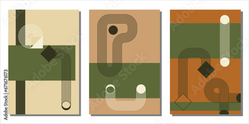 Modern boho minimalist art. Set of abstract posters with geometric shapes and zen arch bohemian silhouettes. Design for wall decor, cover, background, card, branding, wallpaper. Vector illustration.