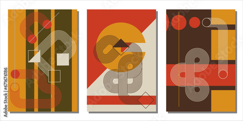 Modern boho minimalist art. Set of abstract posters with geometric shapes and zen arch bohemian silhouettes. Design for wall decor, cover, background, card, branding, wallpaper. Vector illustration.