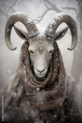 Shaman wearing in horn goat mask and gray dress on blurred winter landscape. Mystical ritual of death. Sacred objects for ancient pagan rites. Slavic or Scandinavian culture ritual