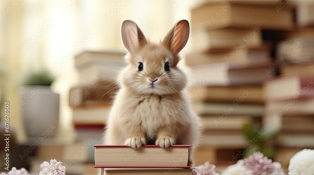 minimal lovely bunny holding book and white background. Happy back to school creative concept.