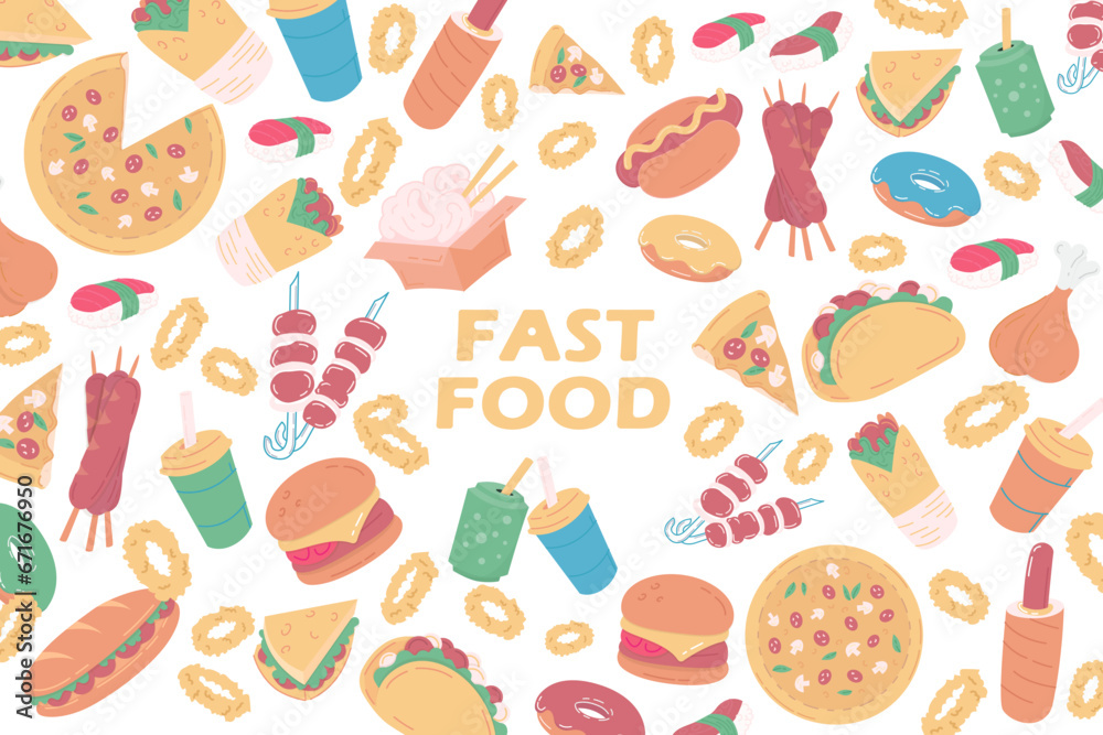 BAckground composition of fast food, drinks flat icons. restaurant or food truck Background BAckground composition of fast food, drinks flat icons. restaurant or food truck Background