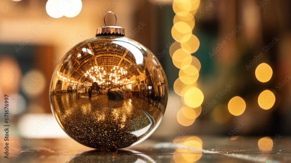 A close-up view of a shiny bauble reflecting the festive ambiance of the room. - obrazy, fototapety, plakaty 