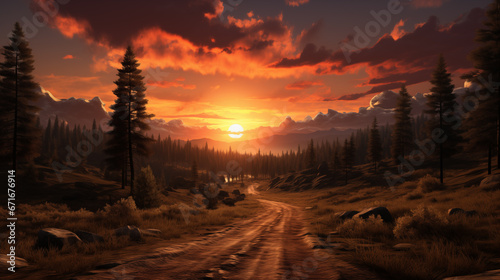 Sunset on a Rural Country Road Illustration - Created using Generative AI