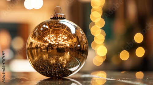 A close-up view of a shiny bauble reflecting the festive ambiance of the room. photo