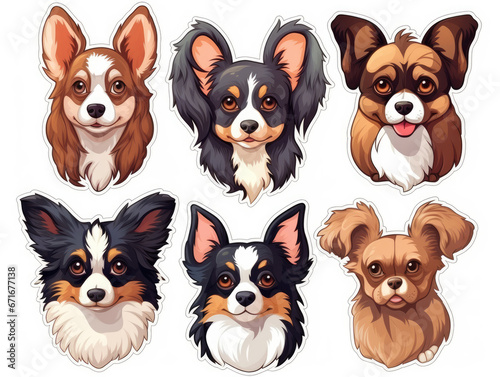 Stickers of small dog breeds including Chihuahua, French Bulldog, Cavalier King Charles Spaniel, Welsh Corgi, and Papillon. © B & G Media