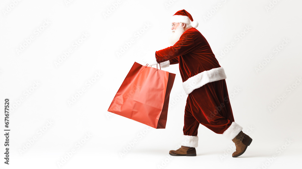 Santa Claus and gift bag on white background. Merry christmas background. Generative ai