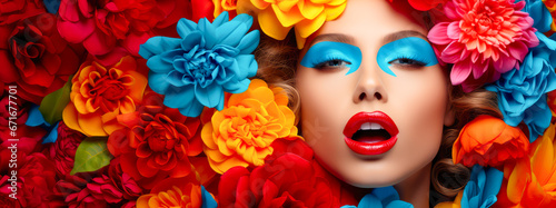 Modefotografie. Close up von einem Frauengesicht umrahmt mit Blumen. Generiert mit KI © shokokoart