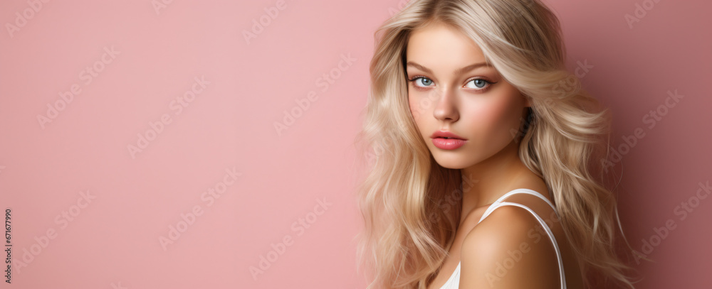 portrait of a young blonde woman on a pastel pink background, skincare, health products, make-up, hairstyling, fashion