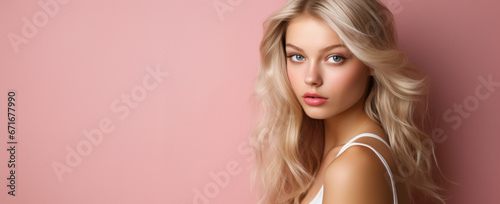 portrait of a young blonde woman on a pastel pink background, skincare, health products, make-up, hairstyling, fashion