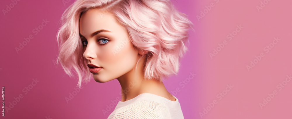 portrait of a young blonde woman on a pastel pink background, skincare, health products, make-up, hairstyling, fashion portrait of a young blonde woman on a pastel pink background, skincare, health products, make-up, hairstyling, fashion