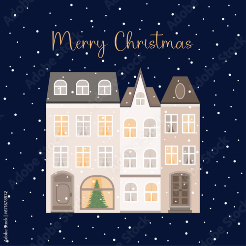 Christmas cityscape, european houses, winter, merry christmas, happy holiday, architecture 