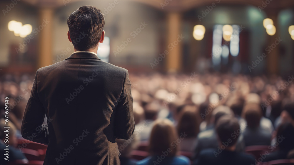 A speaker giving a lecture to an audience in an auditorium, seen from behind, emphasizing the seminar's engaging atmosphere.