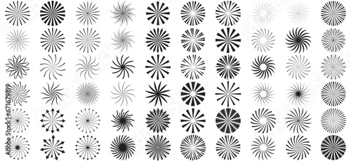 Set of 60 sunburst element.  Radiating, radial lines. Starburst, sunburst shape. Converging ray, beam lines merging at center. Geometric circular element.  Vector design element.