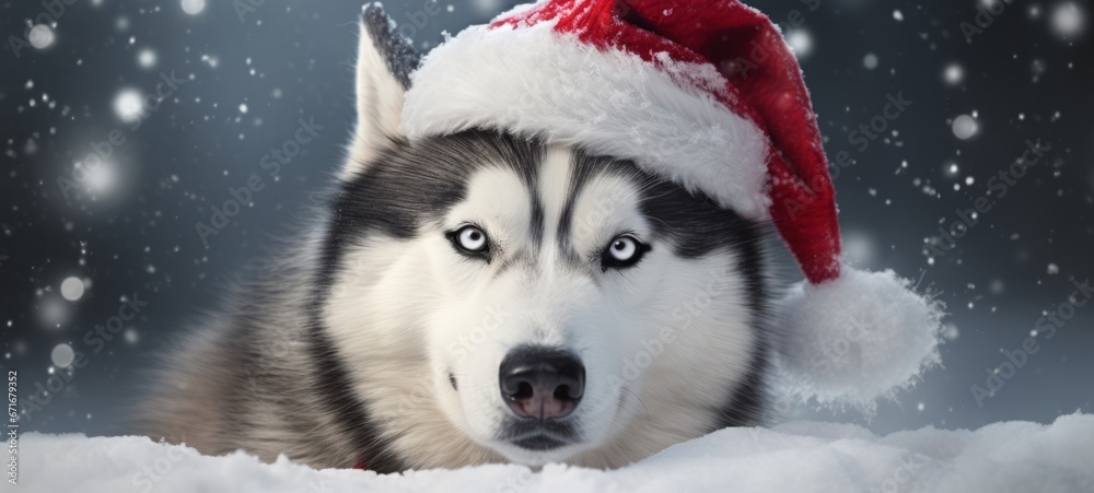 Merry Christmas xmas animal pet holiday celebration - Cute husky dog with santa claus hat lying in snow with snowy blue sky with snowflakes in the background Merry Christmas xmas animal pet holiday celebration - Cute husky dog with santa claus hat lying in snow with snowy blue sky with snowflakes in the background