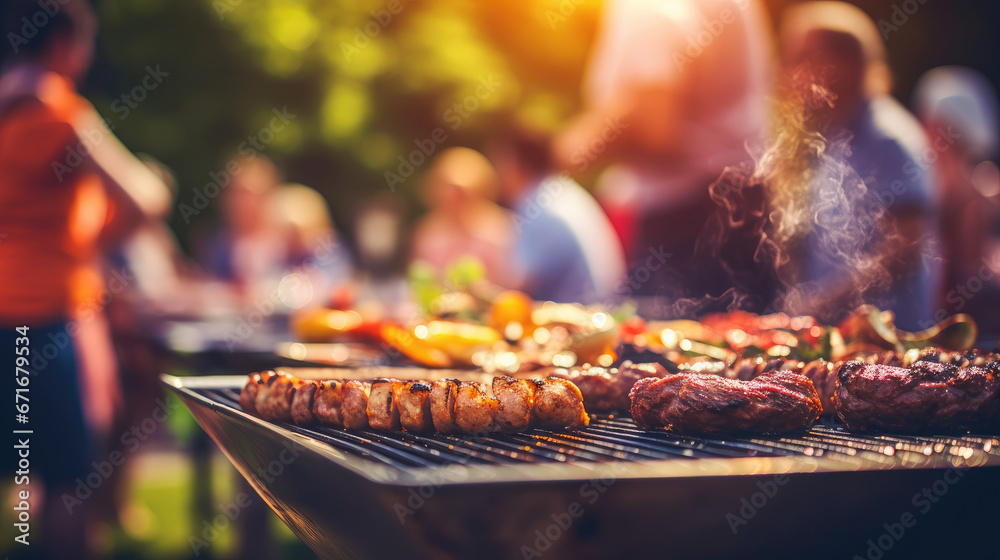 Detailed close-up of a grill during a summer BBQ food party with a blurred background of people having fun. - obrazy, fototapety, plakaty 