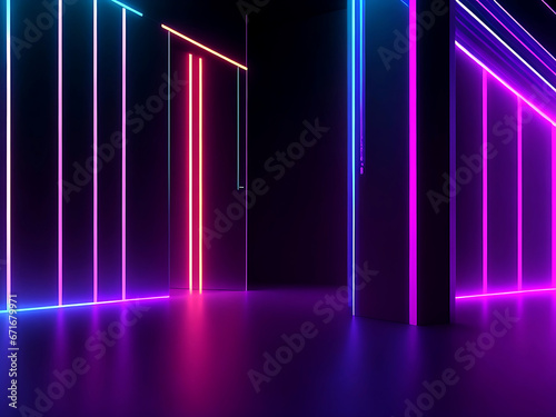 3d render, abstract minimal neon background, pink blue neon lines going up.