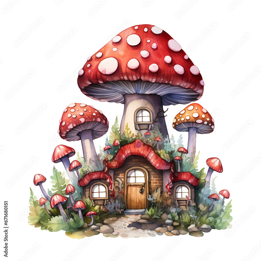 Obraz premium mushroom house, Christmas mushroom house, watercolor fantasy clipart, carton illustration