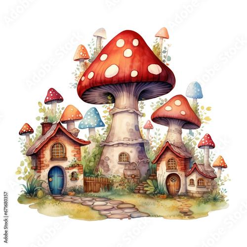 mushroom house, Christmas mushroom house, watercolor fantasy clipart, carton illustration