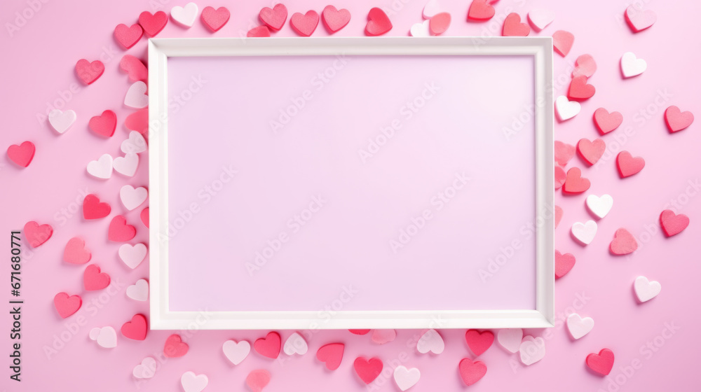 Valentine's Day composition. Photo frame and hearts on pastel pink background. Valentine's Day composition. Photo frame and hearts on pastel pink background.