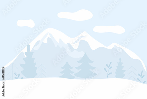 Winter snowy background with forest and mountains, vector