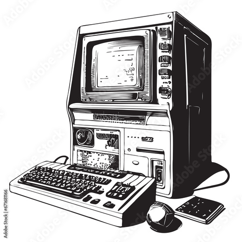 Retro computer sketch hand drawn in doodle style