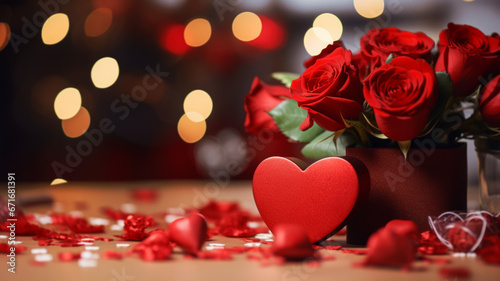 Beautiful red roses and gift box on the table, space for text. St. Valentine's day celebration