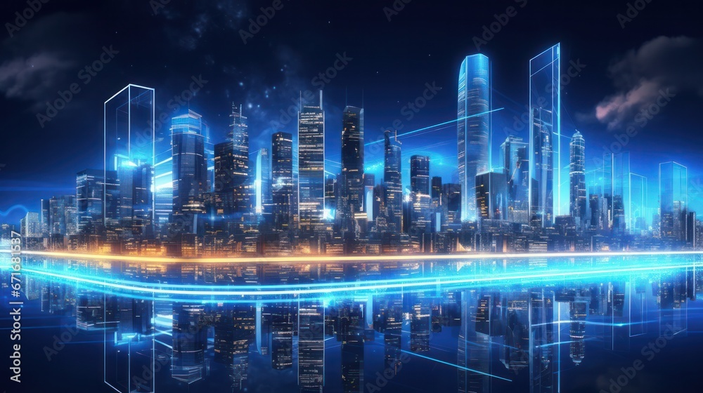 cityscape with space and neon light effect. Modern hi-tech, science, futuristic technology concept. Abstract digital high tech city design for banner background - obrazy, fototapety, plakaty 