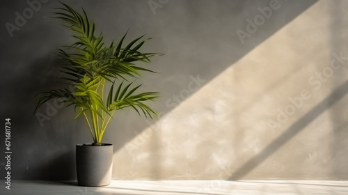 Tropical palm in clay pot and shadow on concrete wall