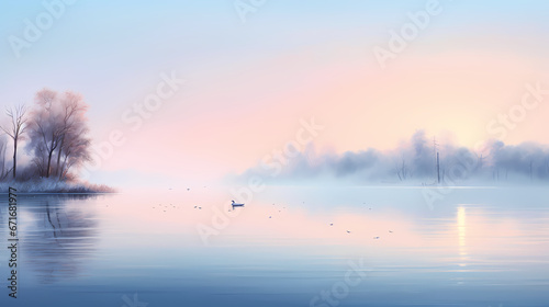 A calm and peaceful lakeside at dawn, the still water reflecting the pastel hues of the sky, surrounded by a gentle mist