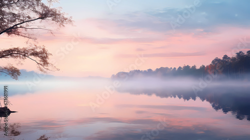 A calm and peaceful lakeside at dawn  the still water reflecting the pastel hues of the sky  surrounded by a gentle mist