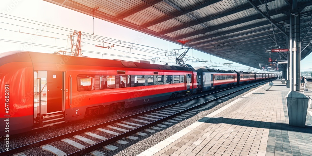 railway station with modern high speed red commuter train railway station with modern high speed red commuter train