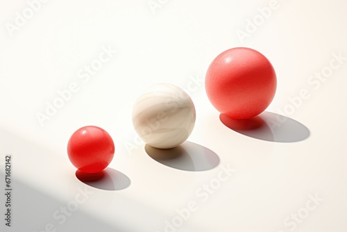 Three red and one white balls on a white surface. © tilialucida