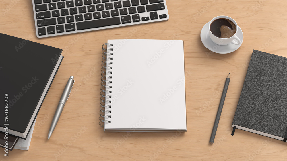 Notebook mockup. Blank workplace notebook. Spiral notepad on wooden desk
