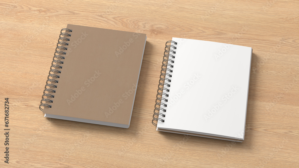 Notebook mockup. Closed and open blank notebook with craft paper cover. Spiral notepad on wooden background Notebook mockup. Closed and open blank notebook with craft paper cover. Spiral notepad on wooden background