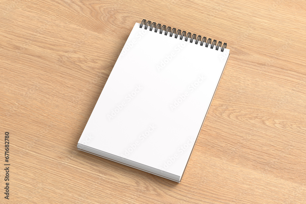 Notebook mockup. Blank workplace notebook. Spiral notepad on wooden background Notebook mockup. Blank workplace notebook. Spiral notepad on wooden background