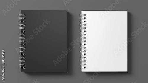 Notebook mockup. Closed and open blank notebook with black cover. Spiral notepad on gray background photo