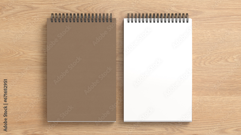 Notebook mockup. Closed and open blank notebook brown paper cover. Spiral notepad on wooden background Notebook mockup. Closed and open blank notebook brown paper cover. Spiral notepad on wooden background