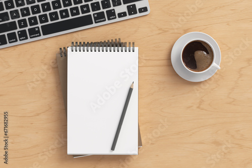 Notebook mockup. Blank workplace notebook. Spiral notepad on wooden desk