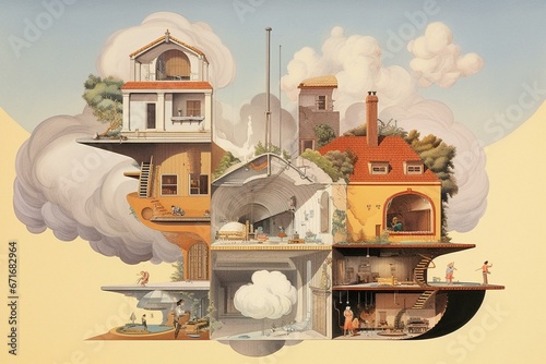 Various illustrations of a domicile amidst air currents with different angles and openings. Generative AI