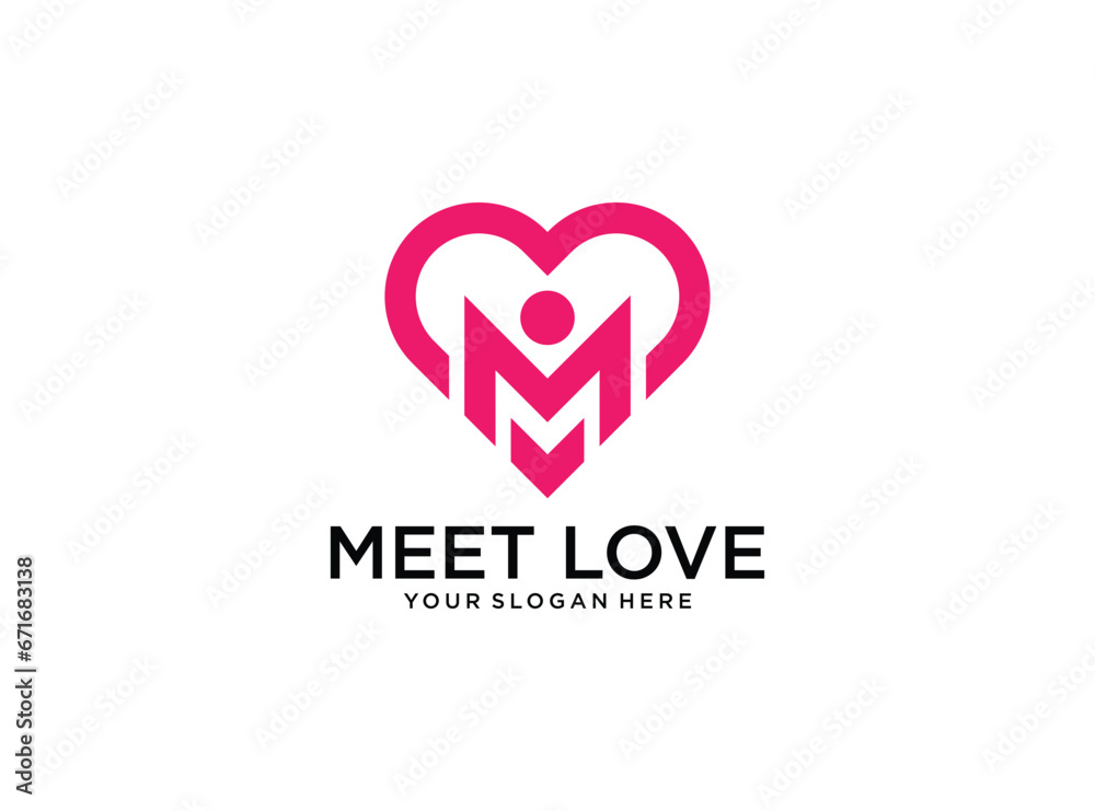meet love with monogram initial letter M logo design