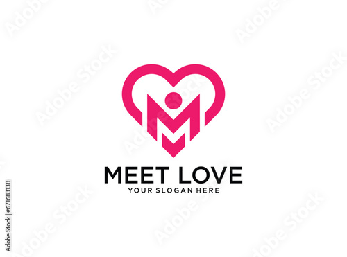 meet love with monogram initial letter M logo design