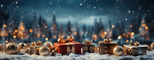 Christmas background with gift boxes in snow landscape, Winter Gift boxs on Christmas tree Background for use wallpaper etc.