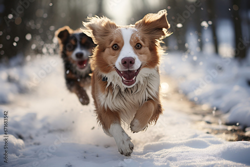Two Border Collie dogs running in the snow on a winter day © Art Gallery