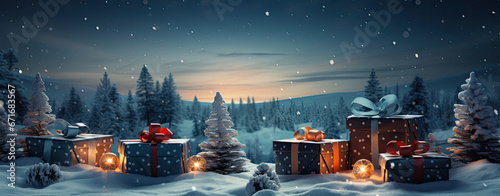 Christmas background with gift boxes in snow landscape, Winter Gift boxs on Christmas tree Background for use wallpaper etc. © Phawika