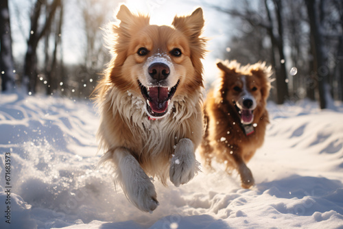 Two cute funny dogs playing in the snow © Art Gallery
