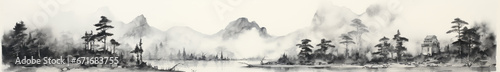 Black ink paint of lake and mountains. Oriental  minimalistic Japanese illustrative style. copyspace for your text. photo